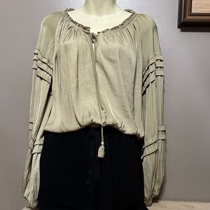 Free People All Tucks Bodysuit with Tassel Tie & Balloon Sleeves XS green